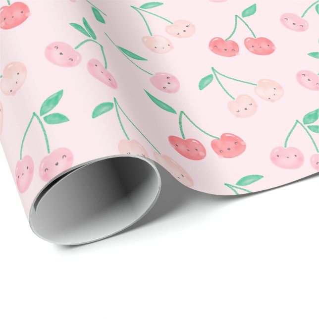 Niedliche Aquarellkirschen in Rosa Geschenkpapier (Rolleneckpunkt)