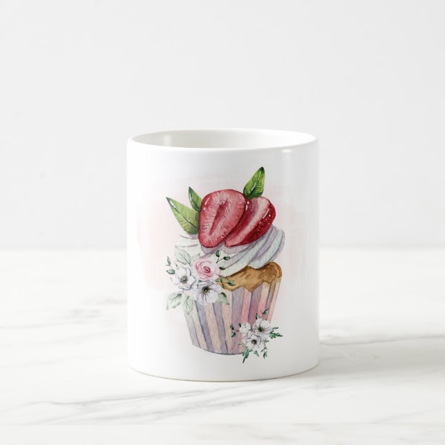 Niedliche Aquarellkuchen, Erdbeere, Blume  Kaffeetasse (Mittel)