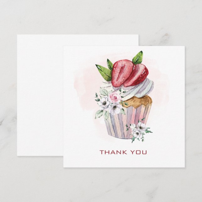 Niedliche Aquarellkuchen, Erdbeere, Blumendanken Dankeskarte (Vorne/Hinten)