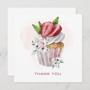 Niedliche Aquarellkuchen, Erdbeere, Blumendanken Dankeskarte