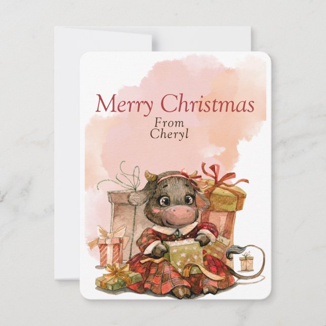 Niedliche Aquarellkuh Feiertagskarte (Vorderseite)