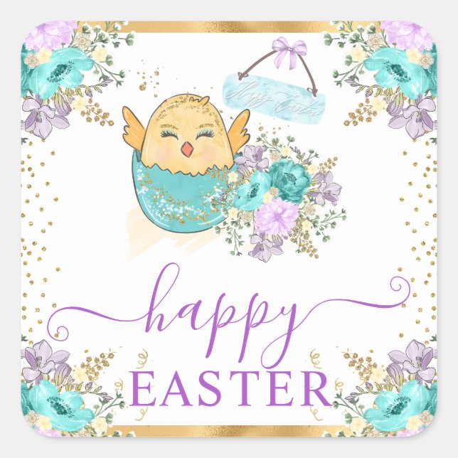 Niedliche Aquarellküken und Eier Ostern Quadratischer Aufkleber (Vorderseite)