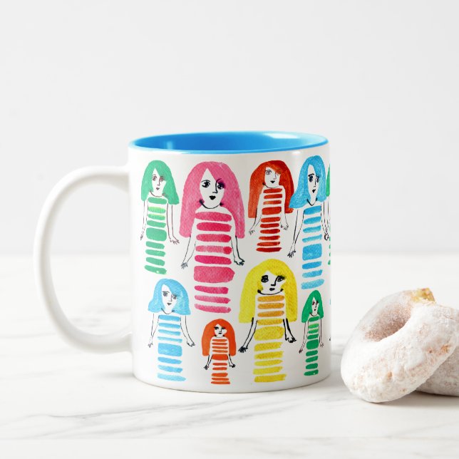 Niedliche Aquarellmädchen Moderne Kunst Zweifarbige Tasse (Mit Donut)