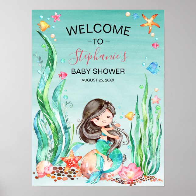 Niedliche Aquarellmaid unter der Meerwasserdusche Poster (Vorne)