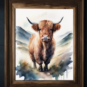 Niedliche Aquarellmalerei einer Hochlandkuh 5:4 Poster