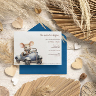 Niedliche Aquarellmäuse in Blue Car Babydusche Einladung