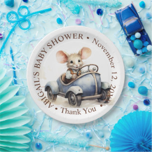 Niedliche Aquarellmäuse in Blue Car Babydusche Pappteller