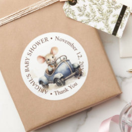 Niedliche Aquarellmäuse in Blue Car Babydusche Runder Aufkleber