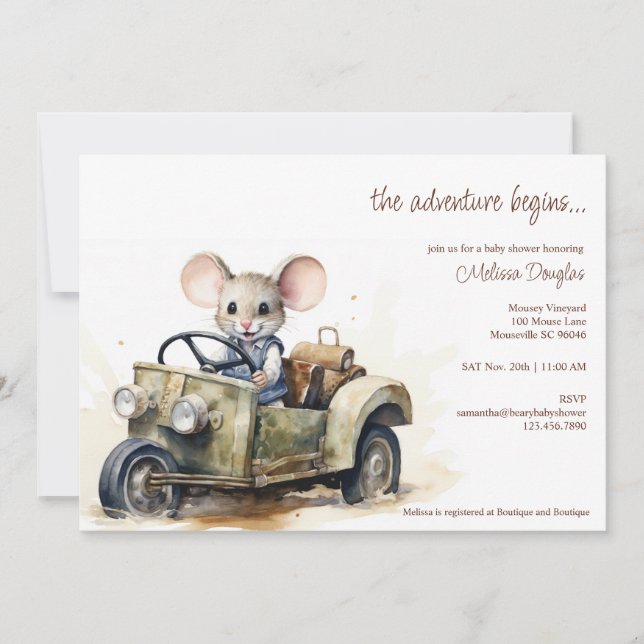 Niedliche Aquarellmäuse in Green Car Baby Dusche Einladung (Vorderseite)