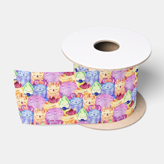 Niedliche Aquarellmonster Satinband (Spule)