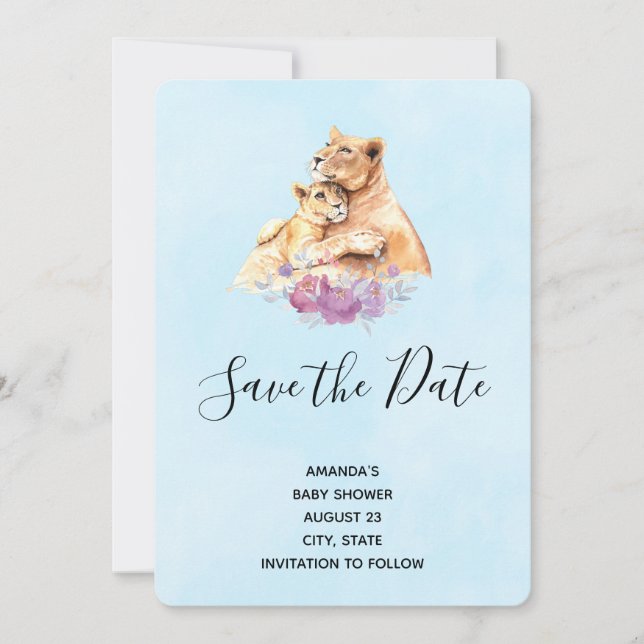Niedliche Aquarellmütter mit Löwe- und Cub-Babydus Save The Date (Vorderseite)