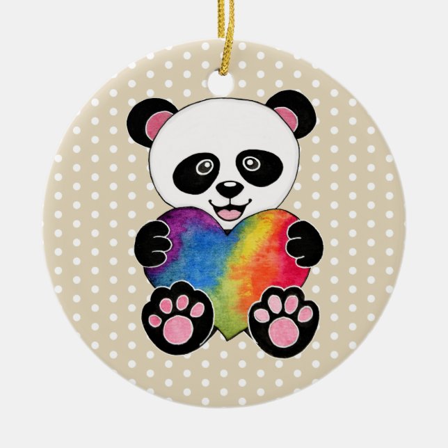 Niedliche Aquarellpanda mit Regenbogenherz Keramik Ornament (Vorne)