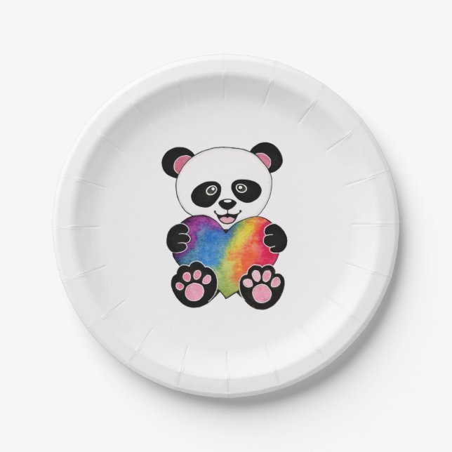 Niedliche Aquarellpanda mit Regenbogenherz Pappteller (Vorderseite)