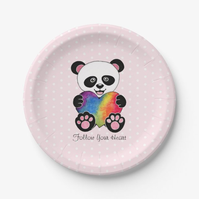 Niedliche Aquarellpanda mit Regenbogenherz Pappteller (Vorderseite)