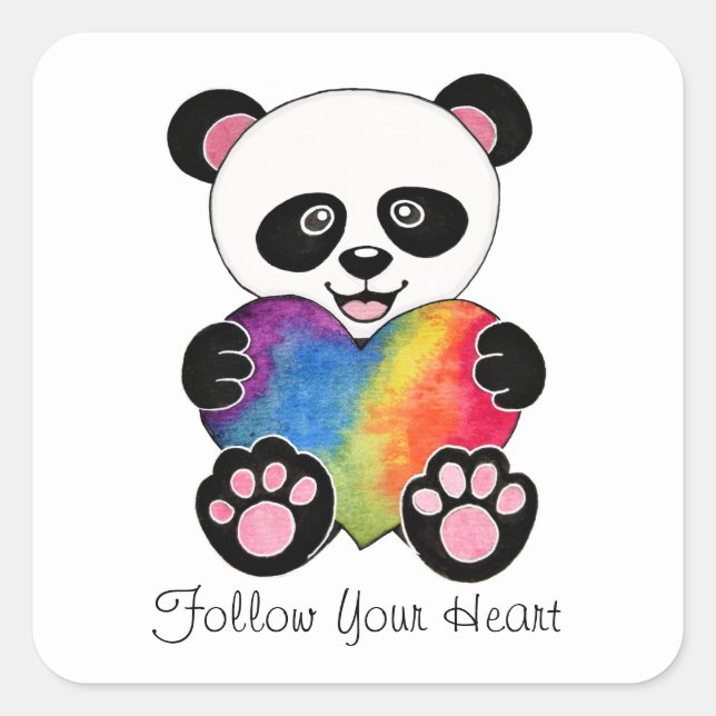 Niedliche Aquarellpanda mit Regenbogenherz Quadratischer Aufkleber (Vorderseite)