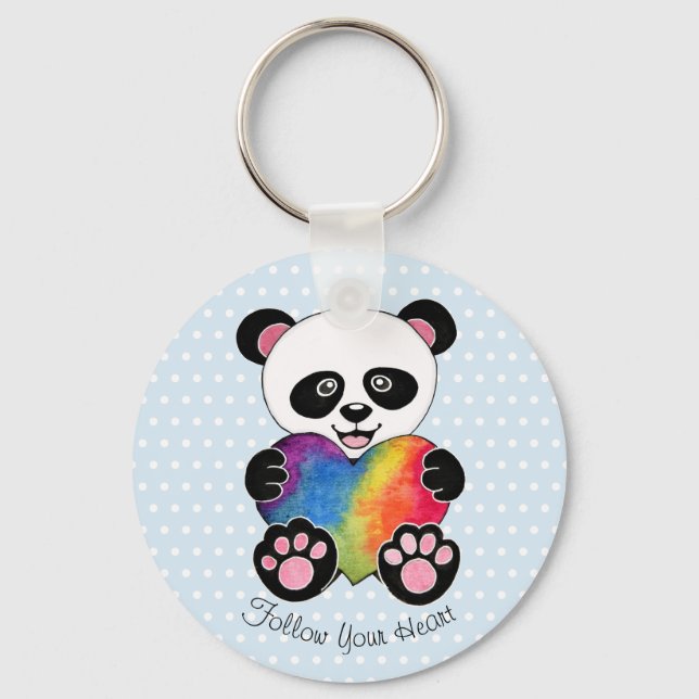 Niedliche Aquarellpanda mit Regenbogenherz Schlüsselanhänger (Vorderseite)