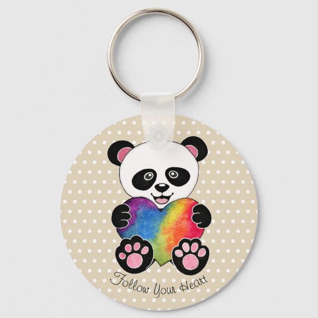 Niedliche Aquarellpanda mit Regenbogenherz Schlüsselanhänger (Vorderseite)