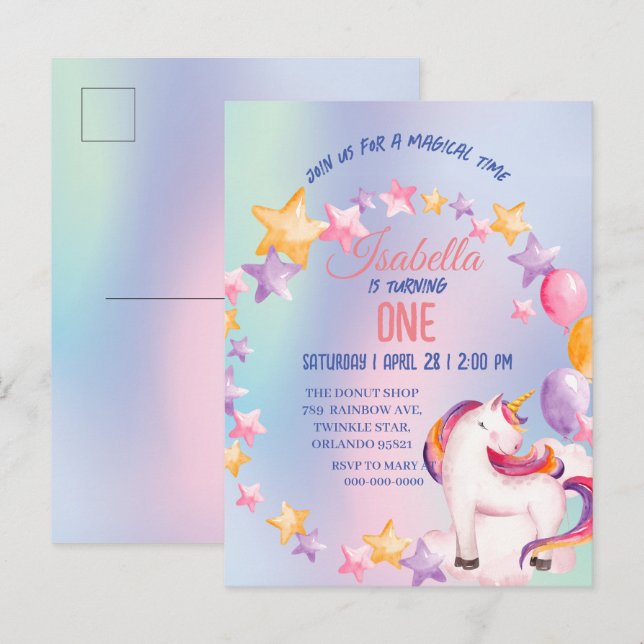 Niedliche Aquarellpastellfarben Unicorns Rainbow G Einladungspostkarte (Vorne/Hinten)