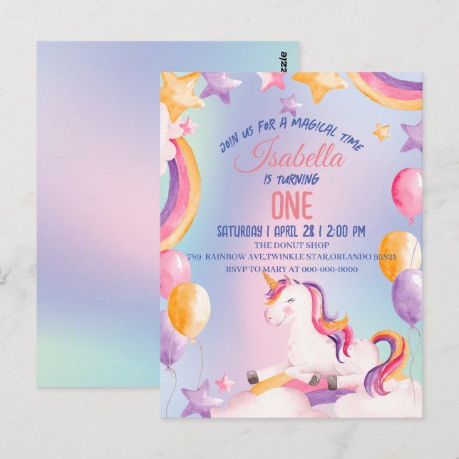 Niedliche Aquarellpastellfarben Unicorns Rainbow G Postkarte (Vorne/Hinten)