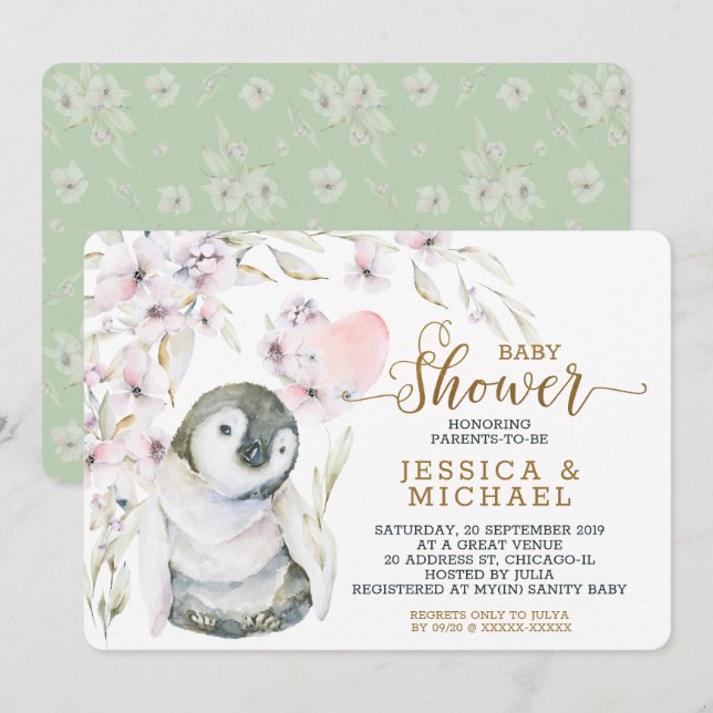 Niedliche Aquarellpinguin Gender Neutral Baby Dusc Einladung (Vorne/Hinten)