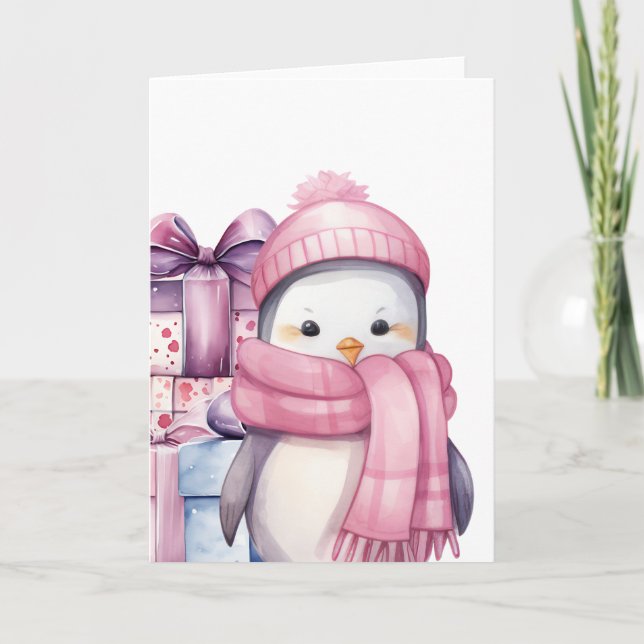 Niedliche Aquarellpinguine in Rosa mit Geschenken Karte (Vorderseite)