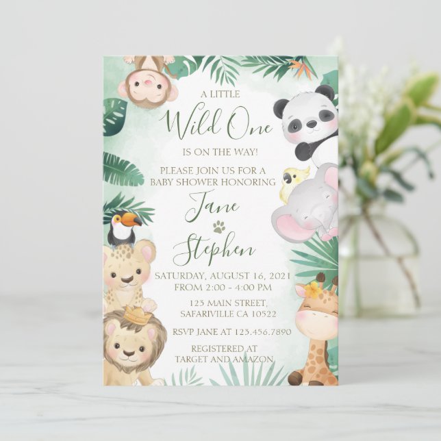 Niedliche Aquarellsafari Tiere Kinderdusche Einladung (Stehend Vorderseite)