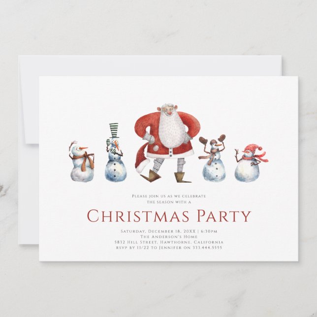 Niedliche Aquarellsanta Snowmen Weihnachtskarte Einladung (Vorderseite)