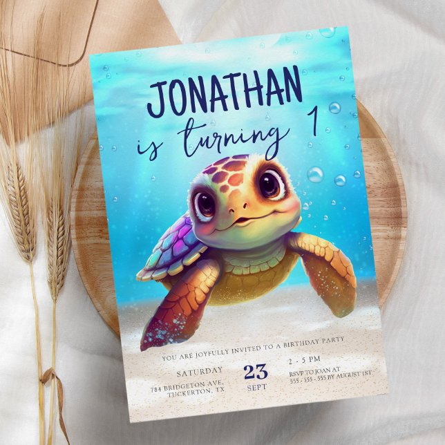 Niedliche Aquarellschildkröte unter dem Meer Gebur Einladung (Von Creator hochgeladen)
