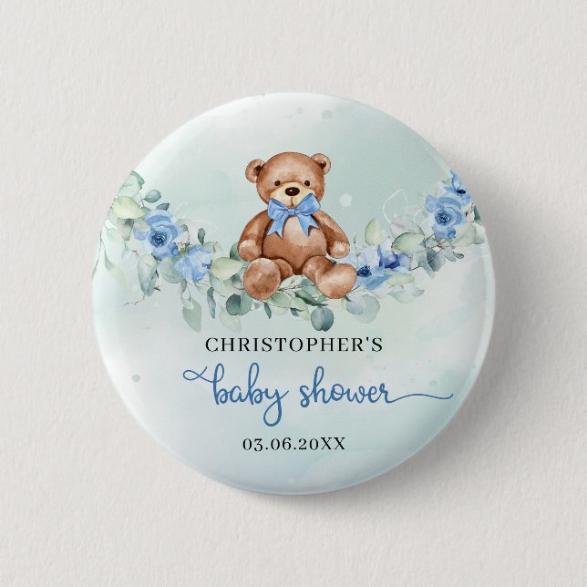 Niedliche Aquarellteddy Bärenblumen Eukalyptus Button (Vorderseite)