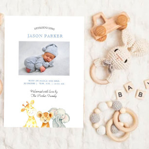 Niedliche Aquarelltiere Baby Boy Foto Geburt Ankündigung