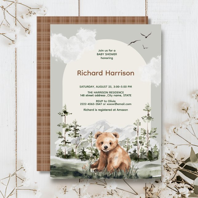 Niedliche Aquarellwaldbär-Babydusche Einladung (Adventure awaits cute watercolor bear, green forest, woodland theme baby shower invitation )