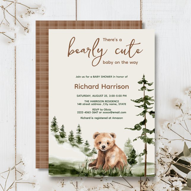 Niedliche Aquarellwaldbär-Babydusche Einladung (Adventure awaits cute watercolor bear, green forest, woodland theme baby shower invitation )