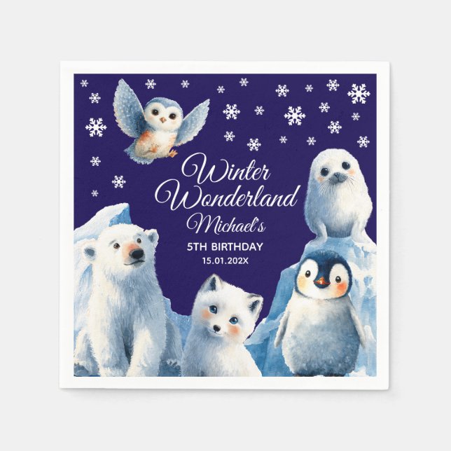 Niedliche arktische Tiere Blaue Winter-Kinder zum  Serviette (Vorderseite)