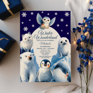 Niedliche arktische Tiere Blauer Winter Kindergebu Einladung