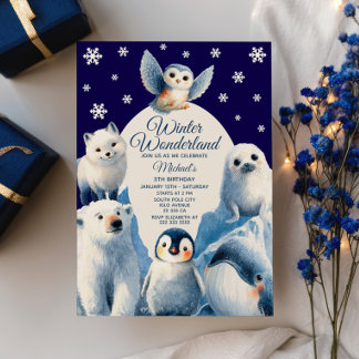 Niedliche arktische Tiere Blauer Winter Kindergebu Einladung