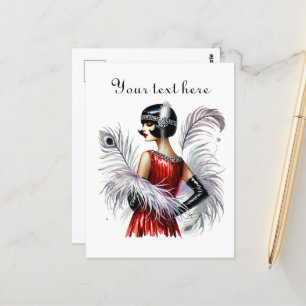 Niedliche Art Deco Dame fügt Text hinzu Postkarte