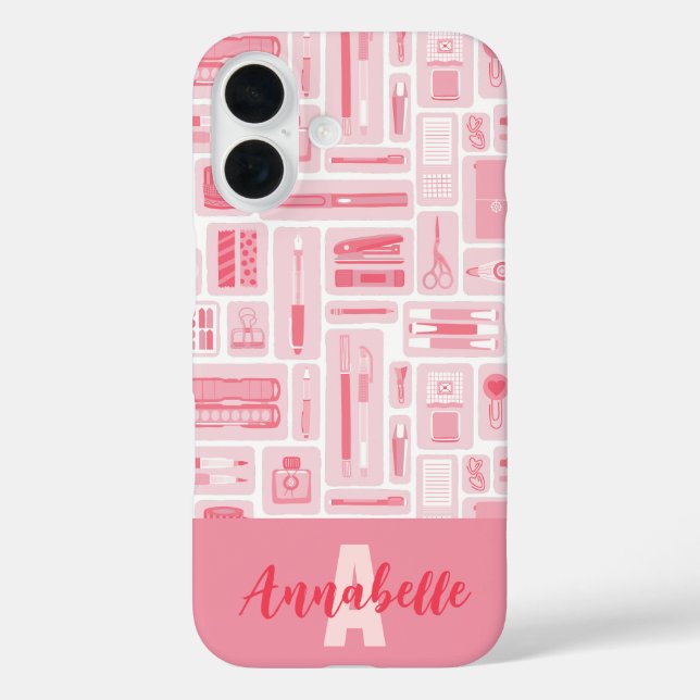 Niedliche Art liefert rosa Muster Monogramm iPhone 16 Hülle (Rückseite)