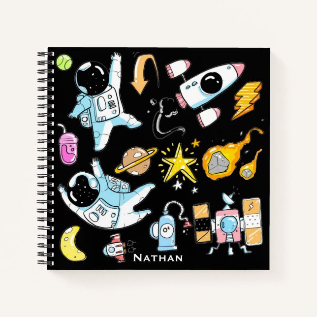 Niedliche Astronauten in Raumdoodles Personalisier Notizbuch (Vorderseite)