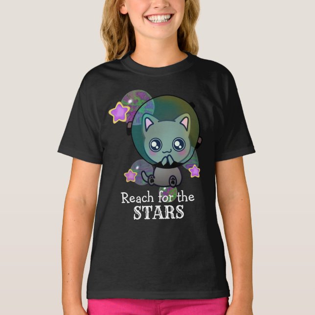 Niedliche Astronautenkatze im Weltraum mit Sternen T-Shirt (Vorderseite)