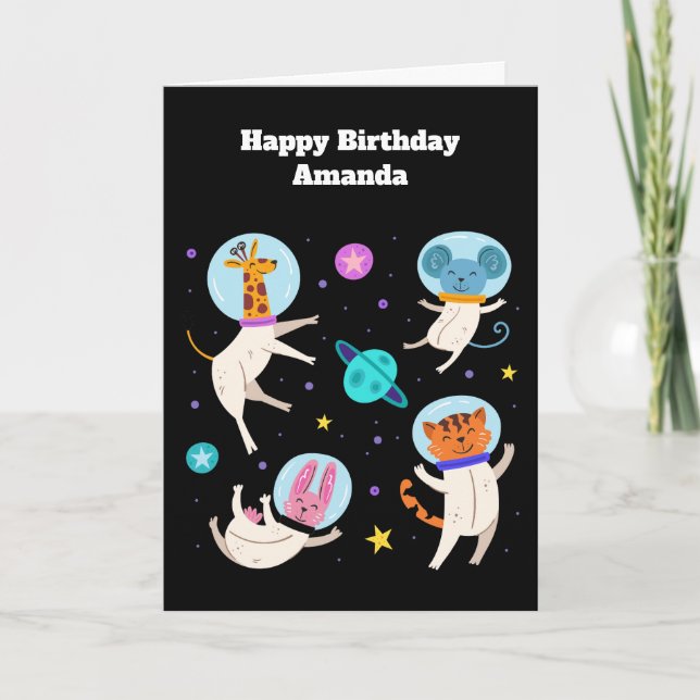 Niedliche Astronautentiere schweben zum Geburtstag Karte (Vorderseite)