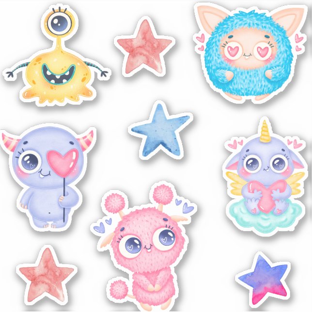 Niedliche Aufkleberpackung für Aquarellmonster Aufkleber (Vorderseite)