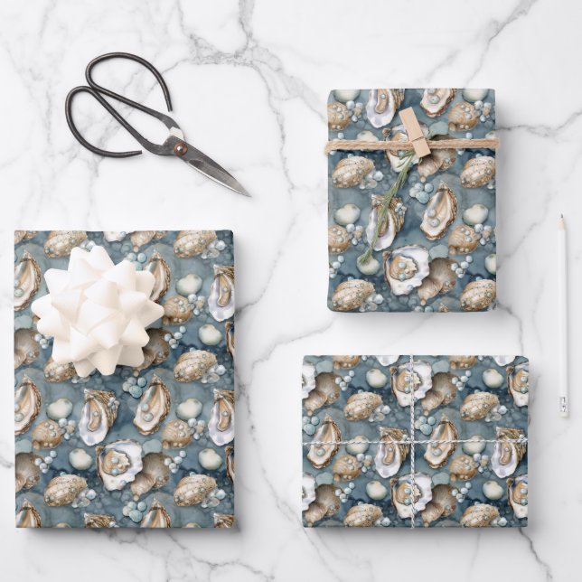 niedliche Austern und Perlen Geschenkpapier Set (Vorderseite)