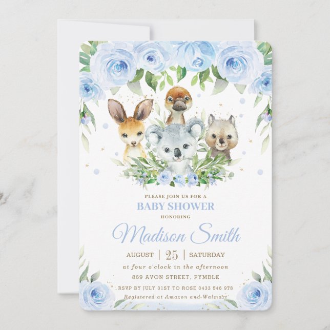 Niedliche australische Tiere Blue Floral Baby Dusc Einladung (Vorderseite)