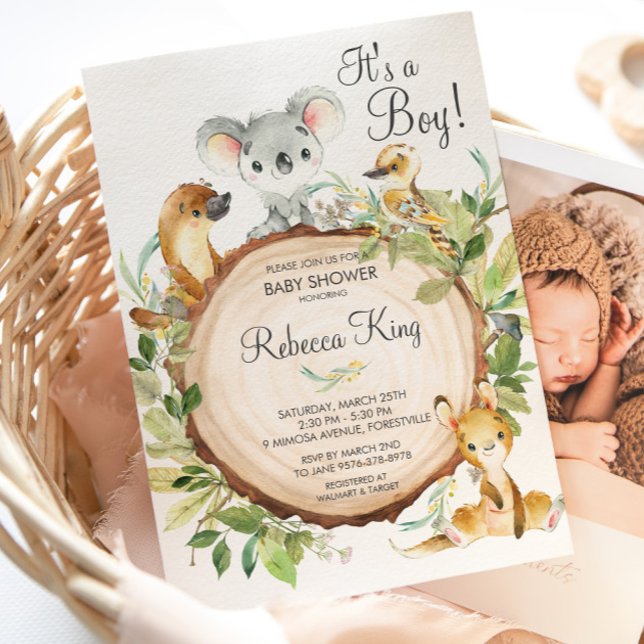 Niedliche australische Tiere Koala Baby Dusche neu Einladung (cute australian animals koala kangaroo platypus kookaburra wood baby shower invitation cards )