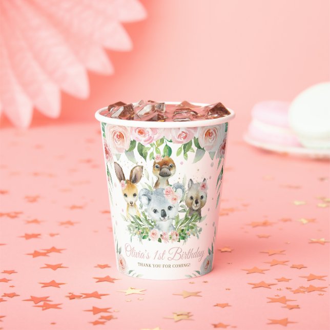 Niedliche australische Tiere Pink Floral 1. Geburt Pappbecher (Insitu)