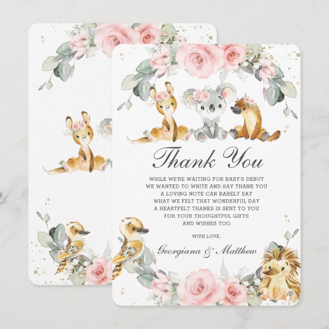 Niedliche australische Tiere Rosa Blumengrün Dankeskarte (Vorne/Hinten)