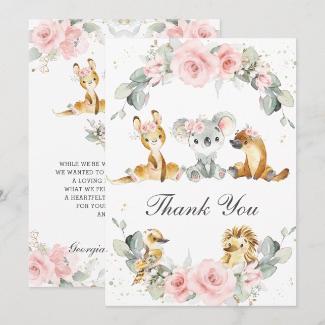 Niedliche australische Tiere Rosa Blumengrün Dankeskarte (Vorne/Hinten)