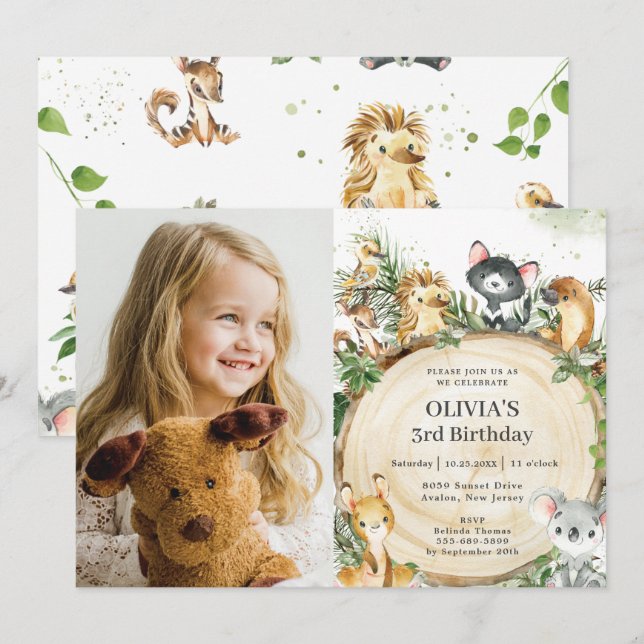 Niedliche australische Tiere Rustic Wood Birthday  Einladung (Vorne/Hinten)