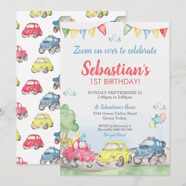 Niedliche Autos Einladung zum Geburtstag (Vorne/Hinten)