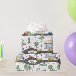 Niedliche Autos im Stadtmuster für kleine Jungen Geschenkpapier